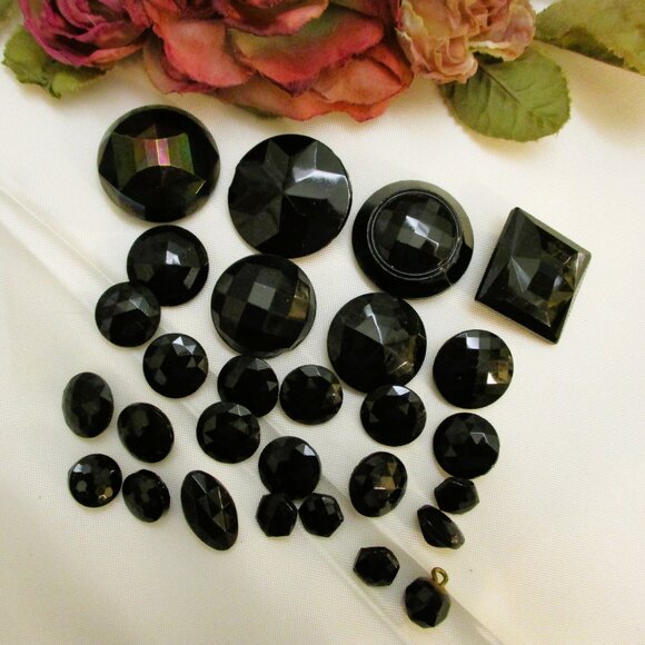 ANTIQUE Faceted French Jet Buttons: VICTORIAN Edwardian Black Glass Button Lot - Picture 7 of 12